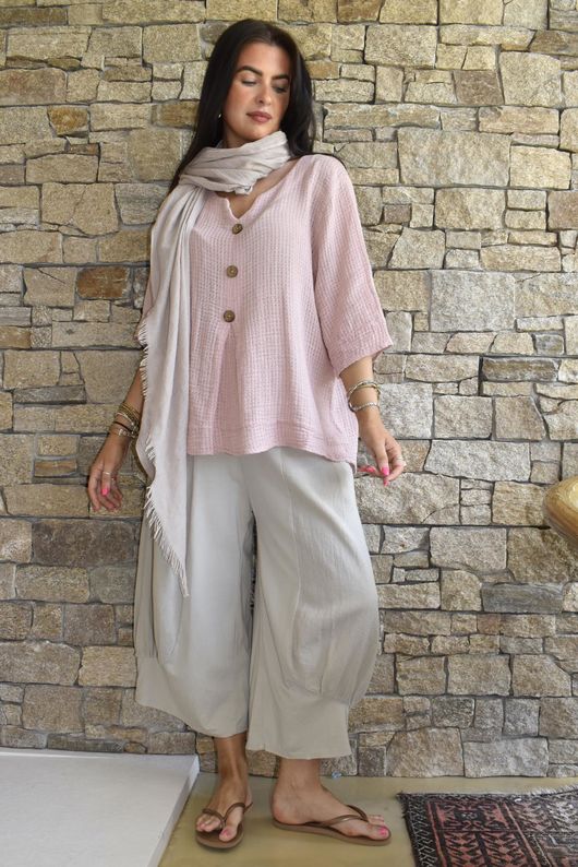 Andi Basket Linen Blend Top Rose